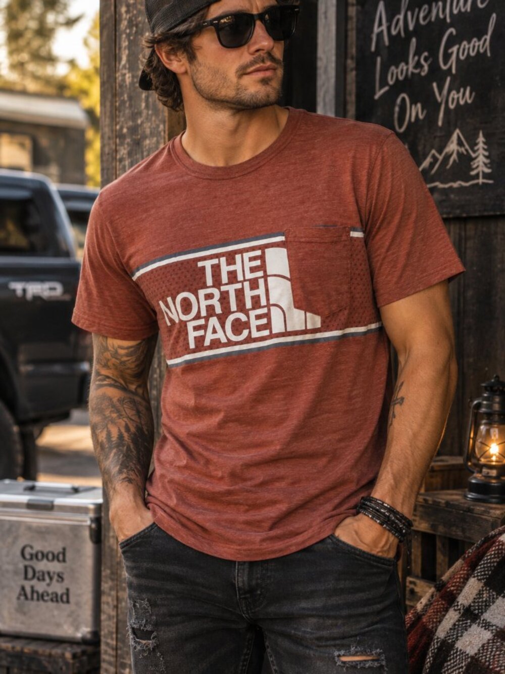 The North Face Men’s Small Red Heather Slim Fit Graphic Pocket Tee